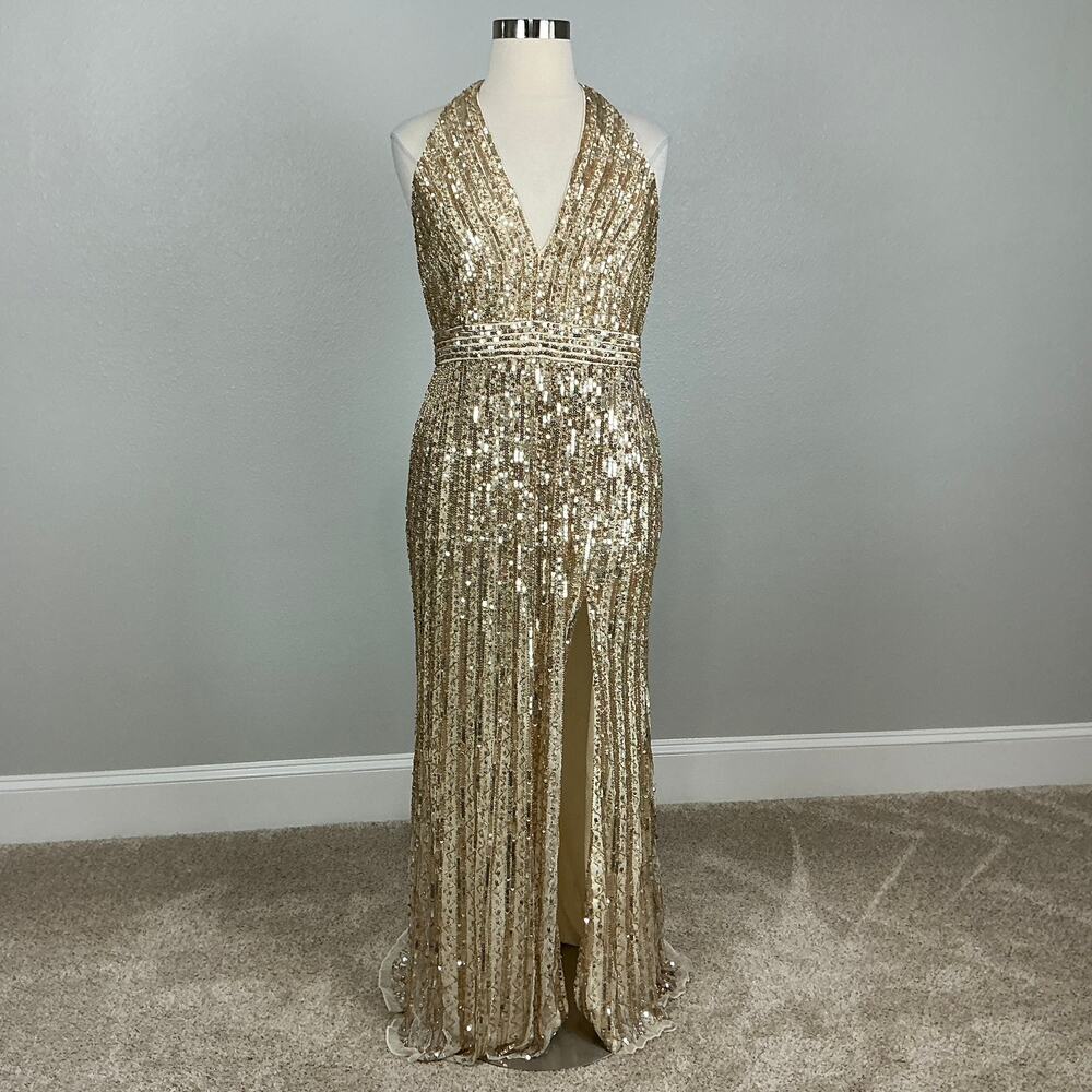 Mac Duggal 5759 Gold Evening Gown Sequined Backless Halter Column Dress Size 16 - Picture 2 of 13